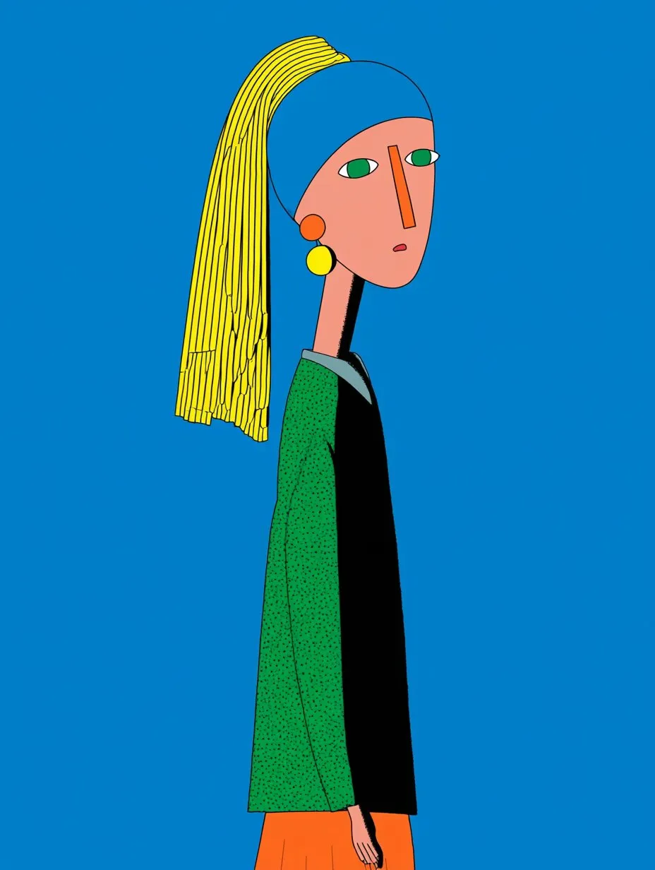 Cartoon pop portrait design — blue background, yellow accents