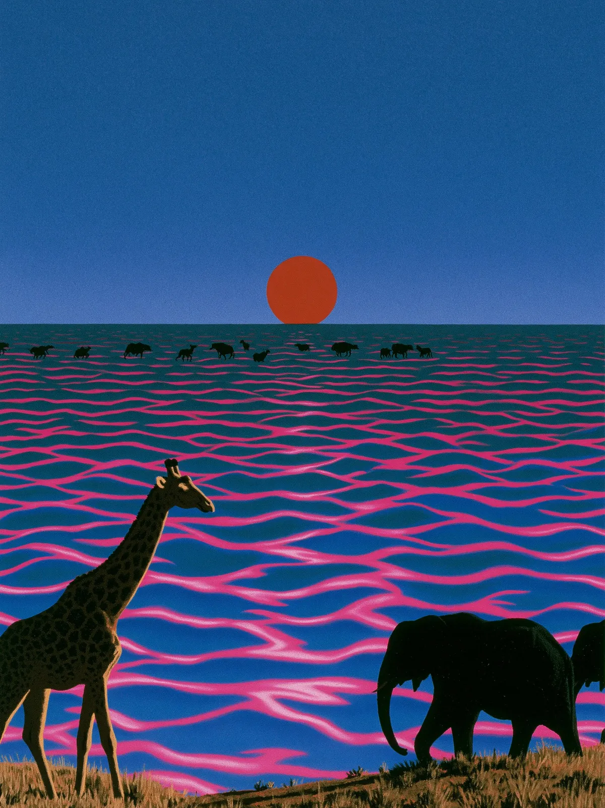 Surreal safari design — animal silhouettes, pink water, red sun