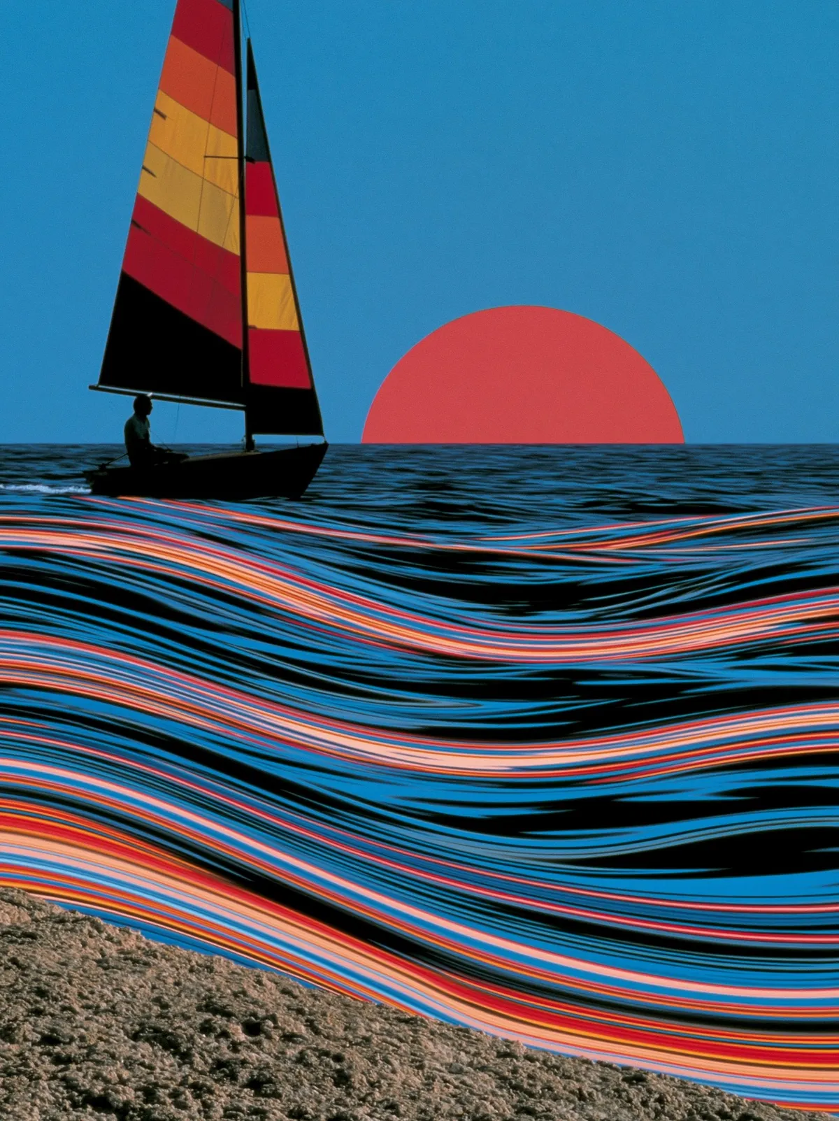 Retro nautical — sailboat silhouette, red sun, multicolor abstract waves