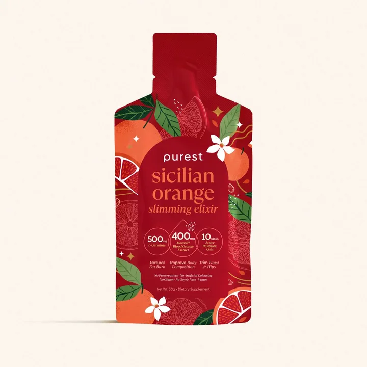 Sachet rouge et orange du produit AGRUMA, illustré d’agrumes
