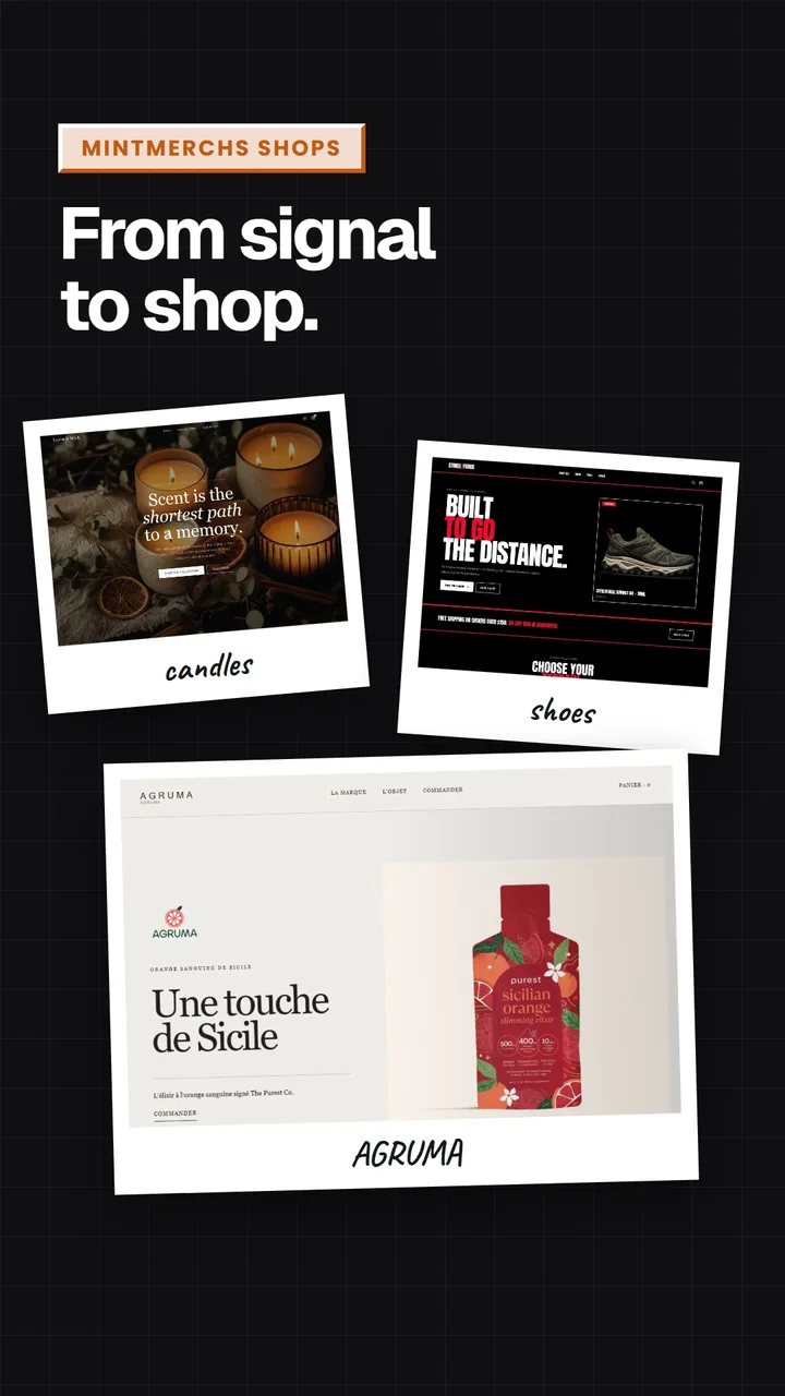Trailer montage of candle, footwear and AGRUMA example storefronts